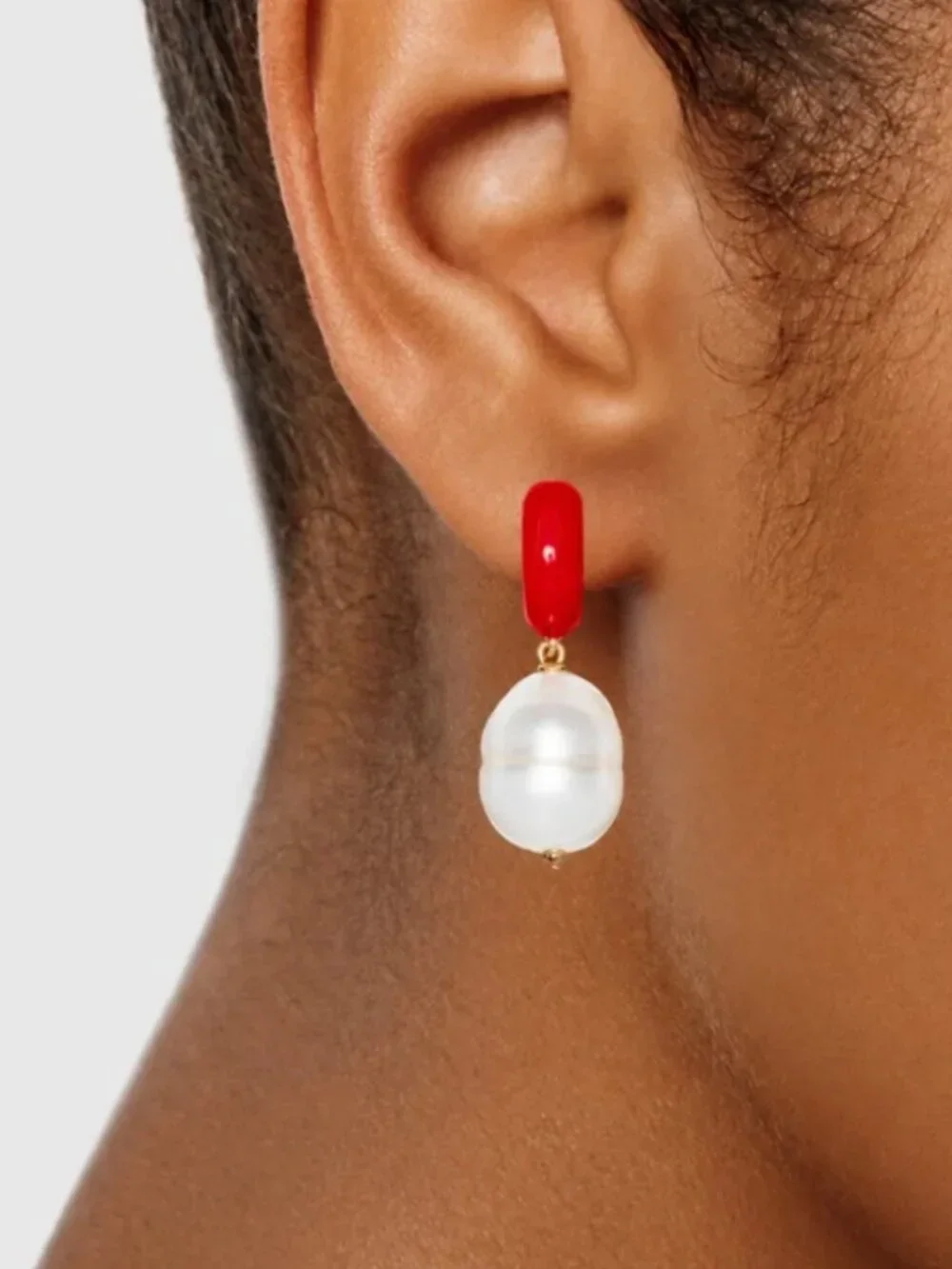 Kate Spade Red Enamel Huggie Hoop Earrings with Freshwater Pearl Drop Gold Tone
